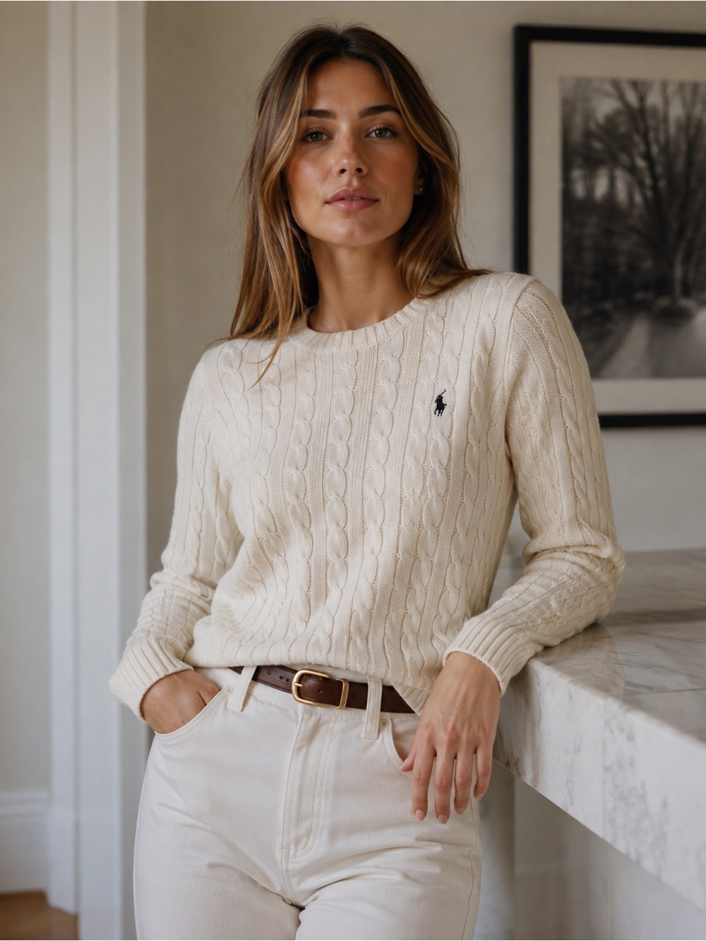 Ralph Lauren Ivory Cable-Knit Crewneck Sweater